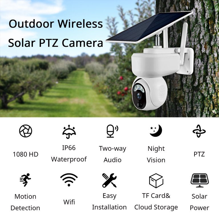 Cámara de seguridad solar para exteriores, 1080p panorámica de 360° PTZ