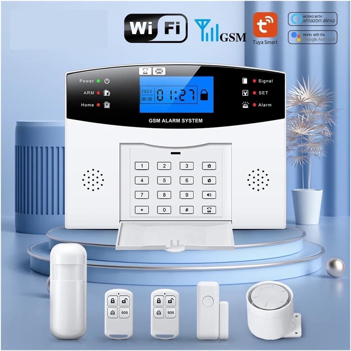 Alarma inteligente WIFI/GSM con cable, teclado LCD de 8 zonas con alexa y google home