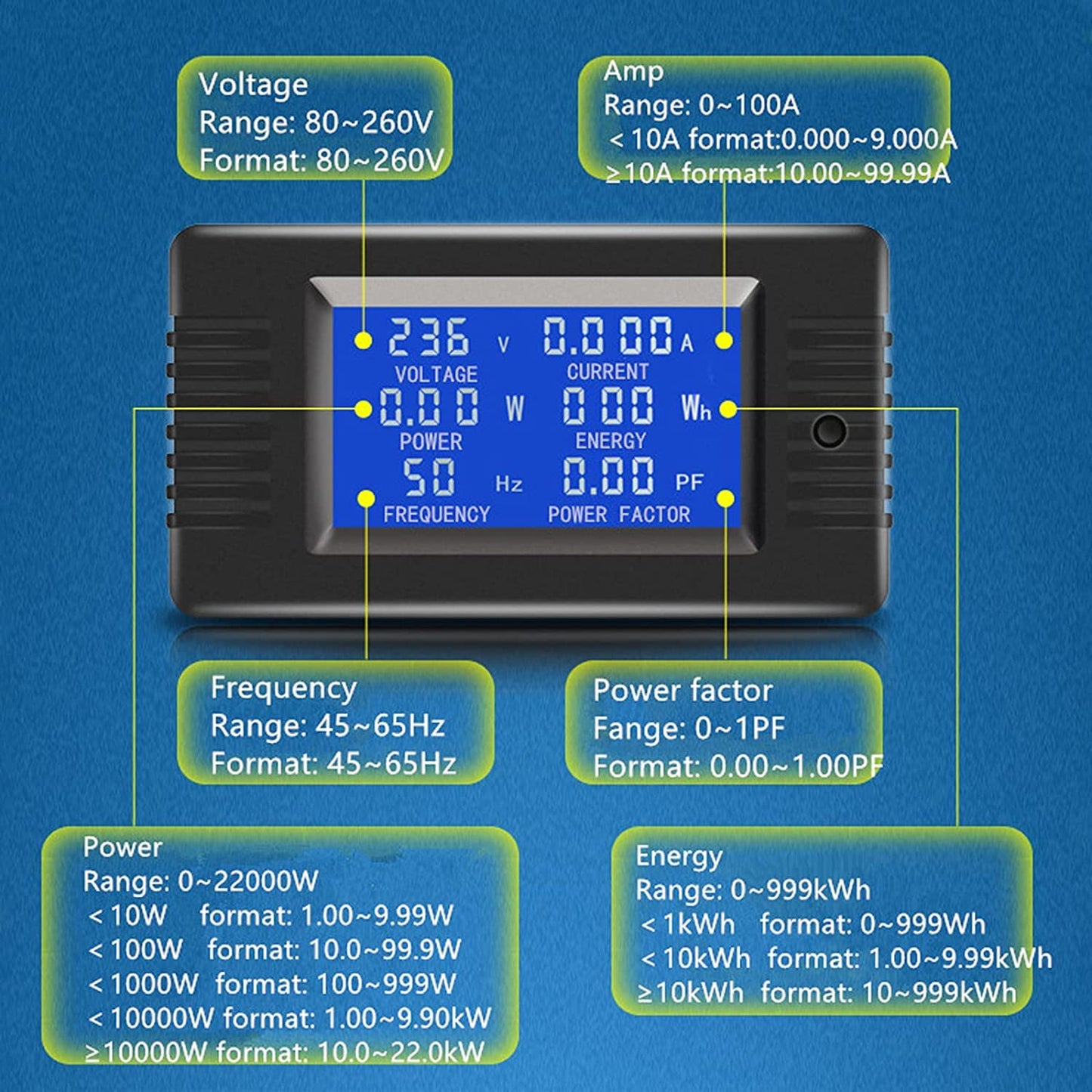 Multimetro digital CA 80-260 V 100 A amperaje de voltaje medidor de energia voltimetro de amperaje de CA