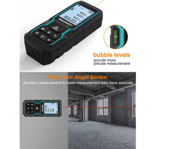 Medidor de distancia láser de 120m con pantalla de ángulo digital, control de nivel electrónico, cambio de unidad de metros/pulgadas/mide distancia