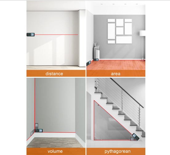 Medidor de distancia láser de 120m con pantalla de ángulo digital, control de nivel electrónico, cambio de unidad de metros/pulgadas/mide distancia