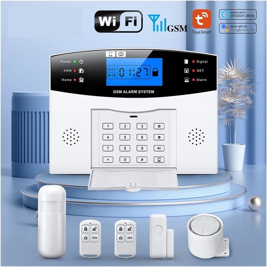 Alarma inteligente WIFI/GSM con cable, teclado LCD de 8 zonas con alexa y google home