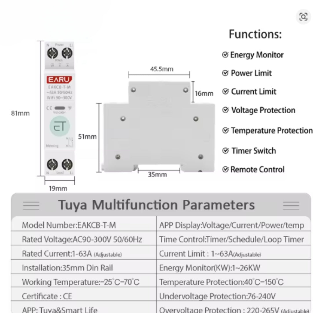Contactor inteligente Tuya WiFi MCB 1P+N 63A, temporizador, energía, kWh, voltaje, medidor de corriente,