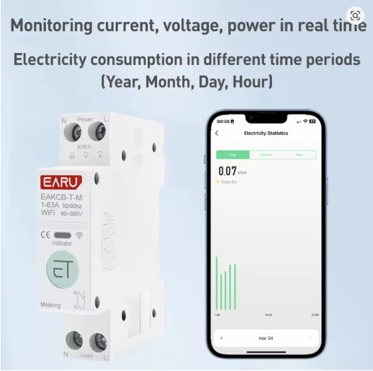 Contactor inteligente Tuya WiFi MCB 1P+N 63A, temporizador, energía, kWh, voltaje, medidor de corriente,